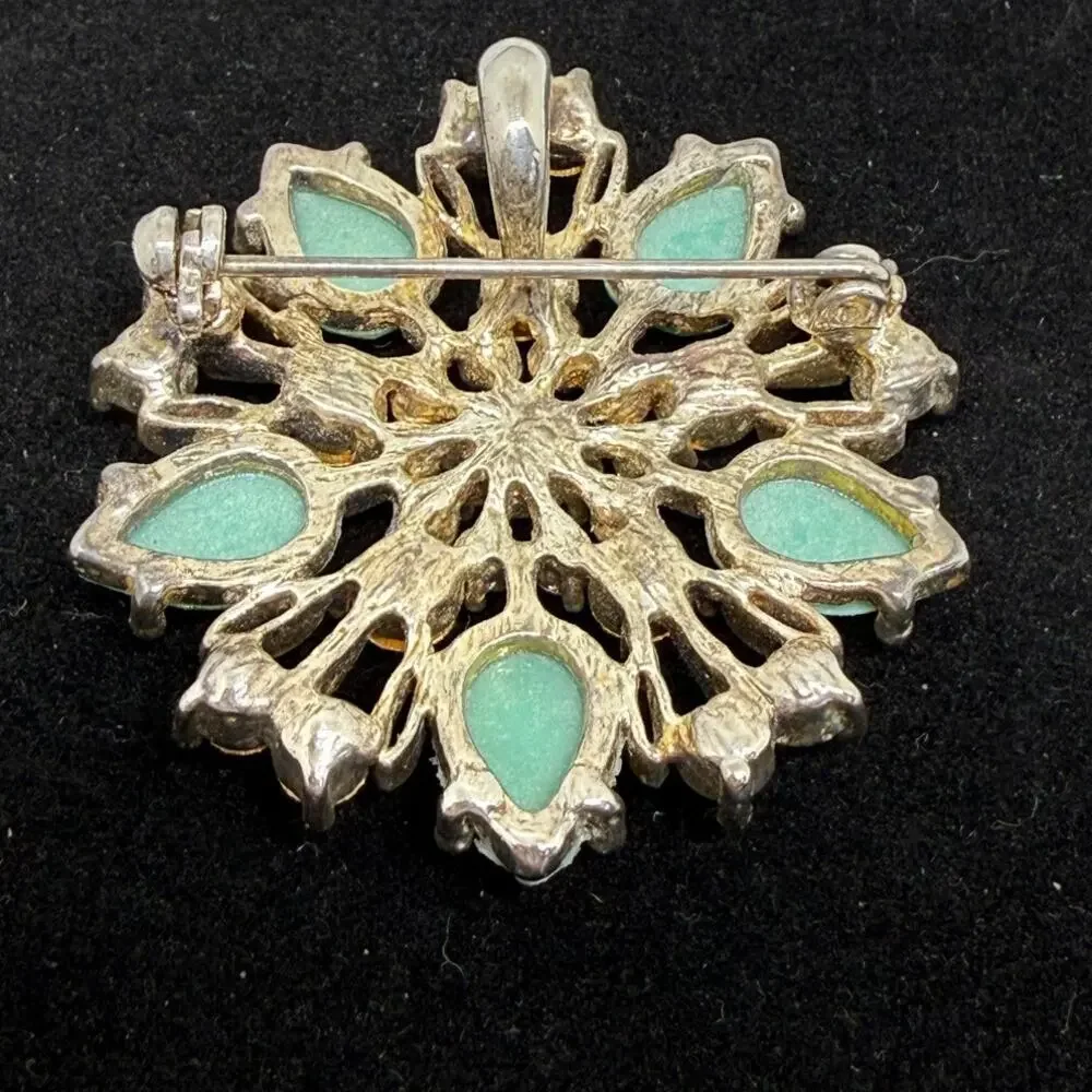 VINTAGE Brooch Pendant Aqua Rhinestone Seafoam Starburst Floral Gold Tone Pin